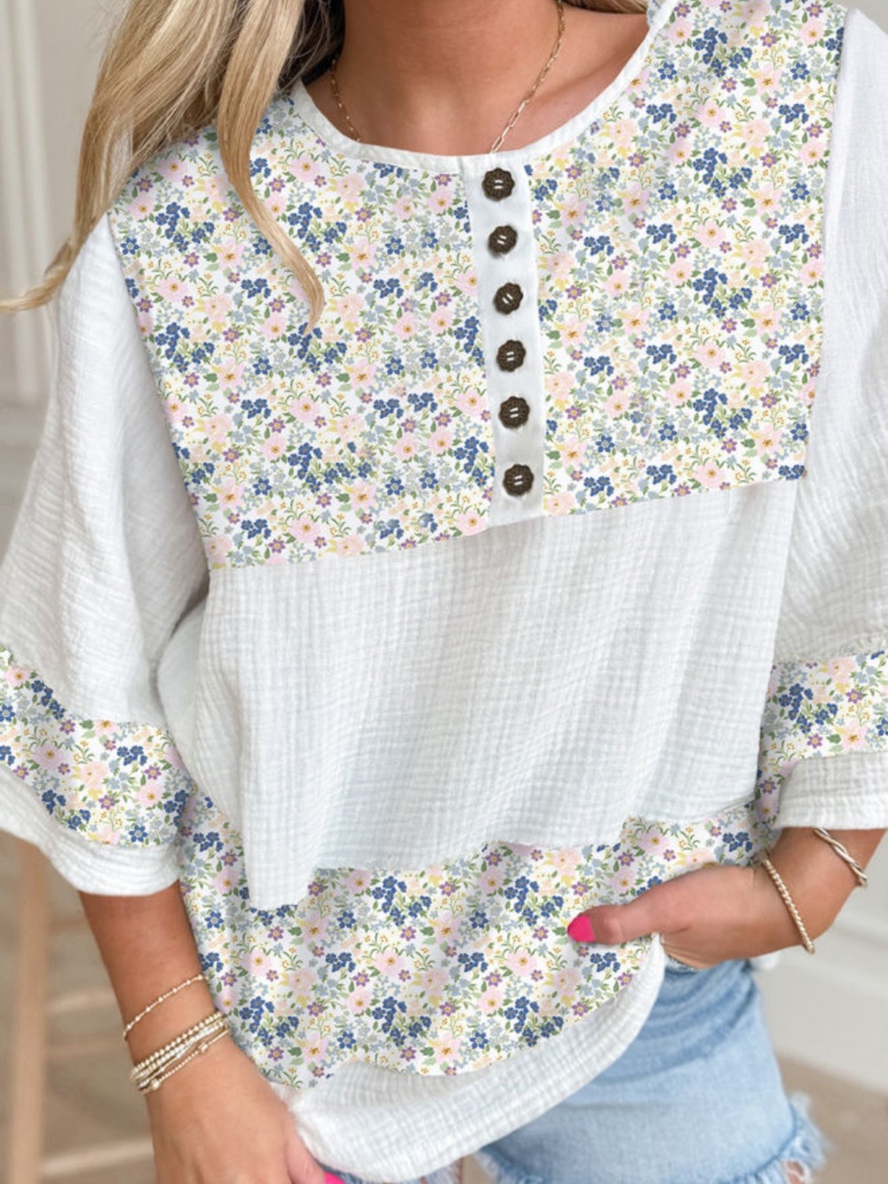 S63-White Blouse with Pastel Floral Yoke and Hem Panel